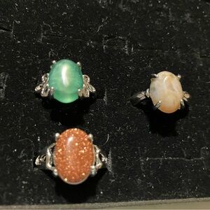 Cabochon Size 8 Rings with Green, Cream & Glittering Bronze Stones Bundle of 3